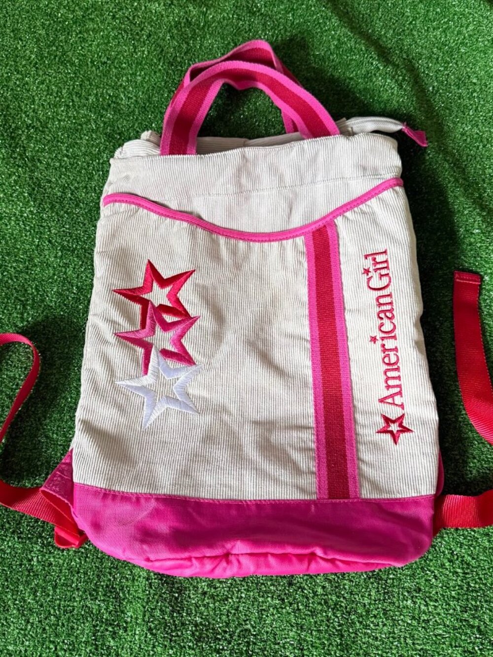 American Girl 18” Doll Carrier Backpack Gray Corduroy Pink Stars Retired Bag